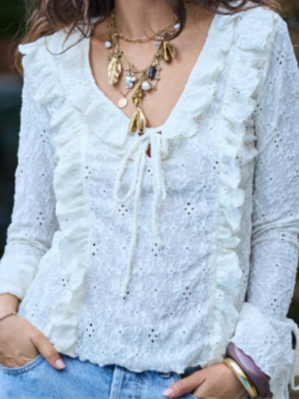 NEW 2026 Cream Knit Eyelet Ruffled Top Blouse